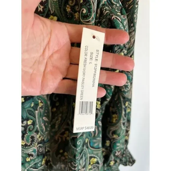 Counterparts Blouse Womens L Green Paisley New Long Sleeves Ruffle - Picture 9 of 9